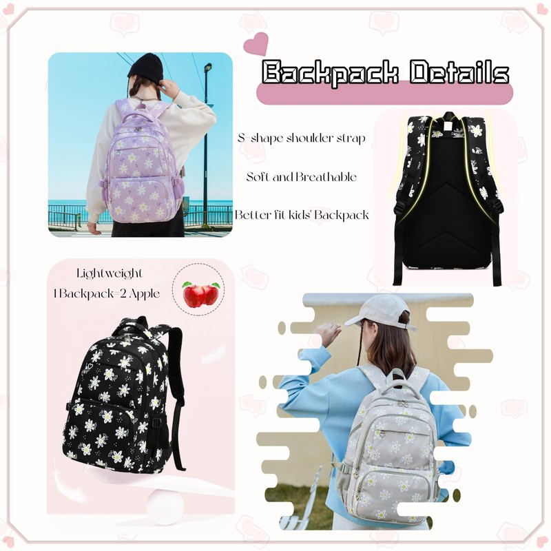 VIDOSCLA Girls Daisy Backpack Elementary Students BookBag School Bag for