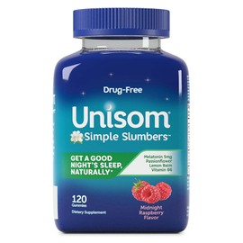 Unisom Simple Slumbers - Gomitas de ayuda para dormir sin drogas, melatonina de 5 mg, apoyo para dormir para adultos, sabor frambuesa medianoche, 120 