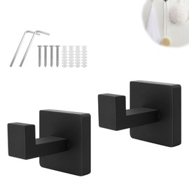 HERKINDNESS Towel Hooks for Drilling, Pack of 2 Towel Hooks, Black, Stainless Steel Towel Hooks, Matte Black, Comes with Screws and Wrench, for Room, Bathroom, Kitchen, Balcony