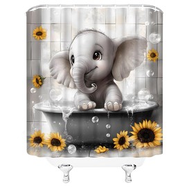 Cute Elephant Shower Curtain Watercolor Sunflower Funny Cartoon Animal in Bathtub Bubble African Wildlife Hilarious Lovely Bathroom Decor Curtains with Hooks