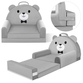 Kids Sofa Bed with Removable Washable Cover & Magic-Tape Backrest – Foldable Toddler Chair Kid Couch, Cozy Crystal Velvet Furniture for Playtime, Naps & Travel (Grey, Bear Design)