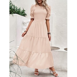 BTFBM Women Casual Spring Summer Smocked Maxi Dress Crew Neck Short Sleeve Tiered Ruffle Flowy Beach Vacation Dresses(Solid Beige, Medium)