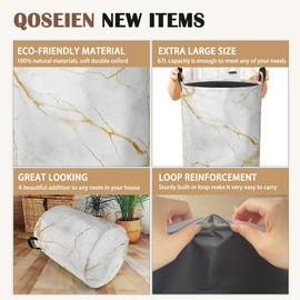 White Marble Laundry Hamper,Collapsible Laundry Baskets,Gold Veins Dirty Clothes Baskets with Handles,Oxford Cloth Hamper for Bedroom,Bathroom,College Dorms, 16"x20"