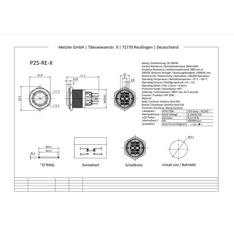 Metzler - Pressure Switch 25mm - LED Ring Lighting White
