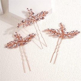 BERYUAN Wedding Crystal Hair Pins Teardrop Crystal Rhinestone Hair Piece Wedding Hair Accessories for Flower Girls Bridal Headband for Wedding(3PCS) (ROSE GOLD)