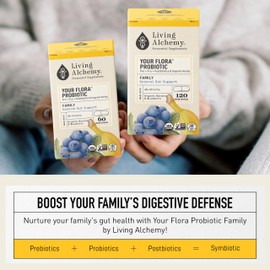 Living Alchemy Gut Health Supplement - Your Flora Probiotic Family with Fermented Soybean, Banana, Blueberry, Prebiotics, Digestive Enzyme, Probiotics for Men, Women, & Kids - Vegan, Non-GMO - Living Alchemy, 60 Pcs