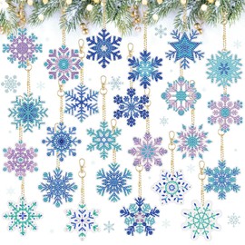 Dremisland 24PCS Christmas Diamond Painting Keychain 5D DIY Diamond Painting Kit Double Sided Snowflake Hanging Diamond Ornaments for Christmas Decoration DIY Crafts (Snowflake-24PCS)