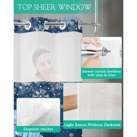 Blue Christmas No Hook Shower Curtain with Snap in Liner for Bathroom, Xmas Snowman with Cap Shower Curtains, Waterproof Fabric Winter White Snowflake Shower Curtain with See Through Top Window,72x78