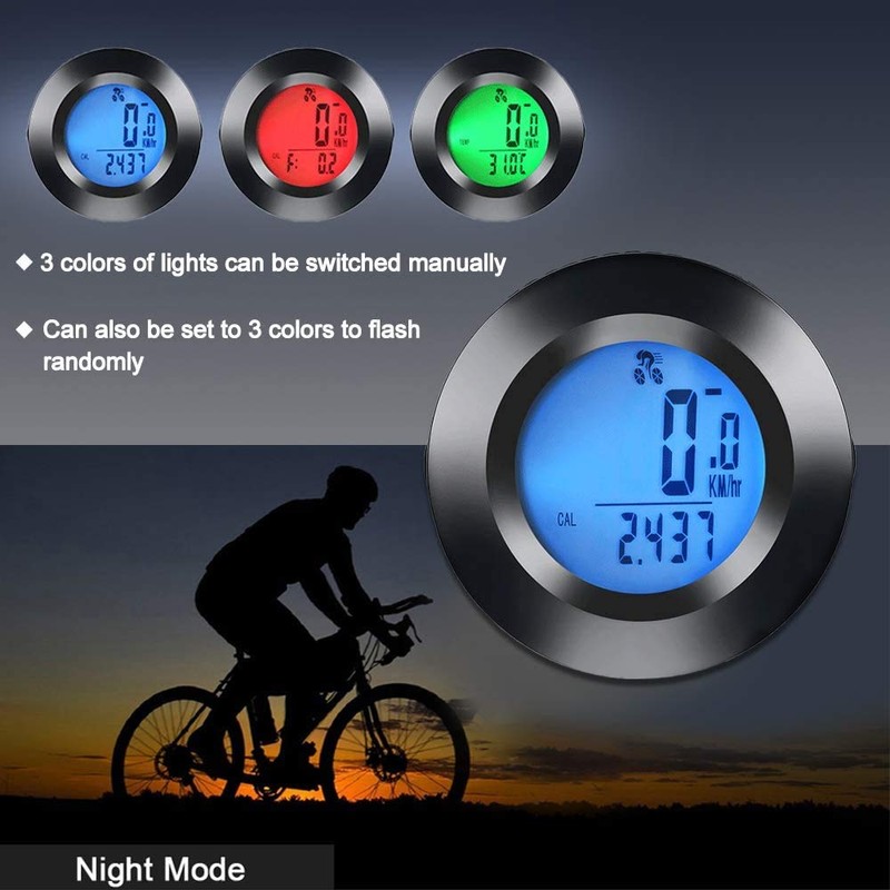 Dricar Bike Computer Wireless, 3 Color LCD Backlight Round Bicycle