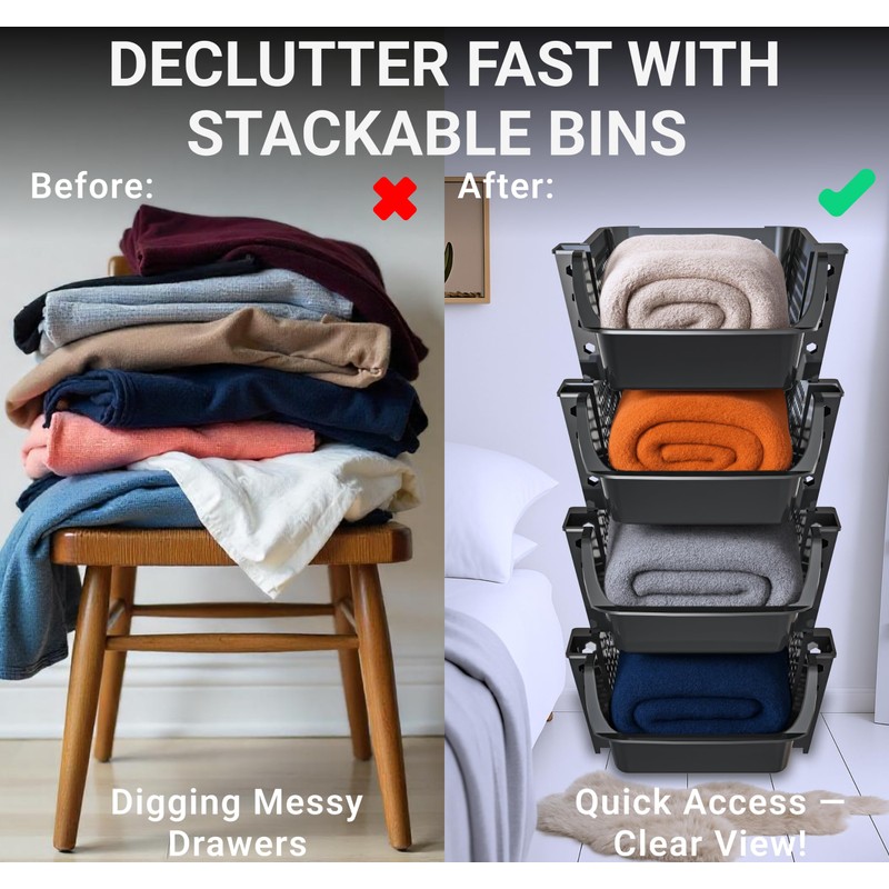 Skywin TidyFriend Stackable Storage Bins for Pantry, 4 Pack Stackable