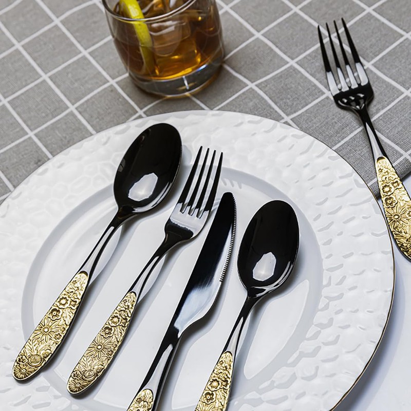 TWEE Black Gold Silverware Set for 4 Unique 18/10 Stainless