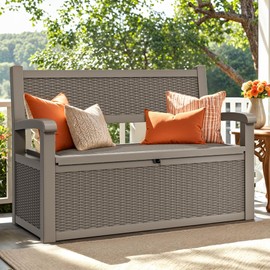 YITAHOME 70 Gallon Storage Bench Deck Box, Lockable Patio Bench, Waterproof Outdoor Pool Deck Storage for Patio Cushions, Garden Tools and Pool Supplies, Light Brown