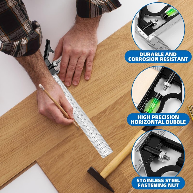 Combination Square Stainless Steel Angle Square, 90 Degree Thickened Multi-Functional