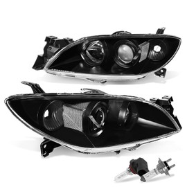 JSBOYAT Halogen Headlight Assembly Compatible with 2004-2009 Mazda3 Sedan 4-Door Driver and Passenger Side Black Housing with Clear Reflector (Bulbs Included)