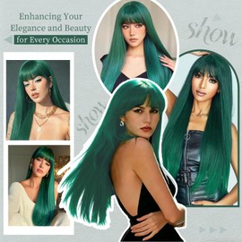 Long Green Wig with Bangs Long Straight Wig for Women Synthetic Cosplay Wig No Lace Nature Looking Girls Green Costume Full Wigs