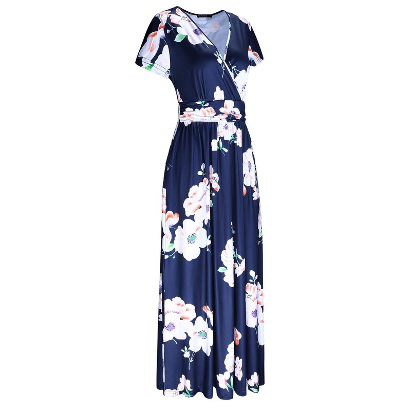 OUGES Women's V-Neck Pattern Pocket Maxi Long Dress(Floral-12,M)