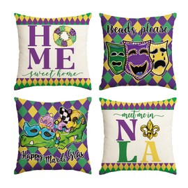 AVOIN colorlife Mardi Gras Fleur de Lis Home Nola Throw Pillow Covers, 18 x 18 Inch Masquerade Mask Holiday Cushion Case Decoration for Sofa Couch Set of 4