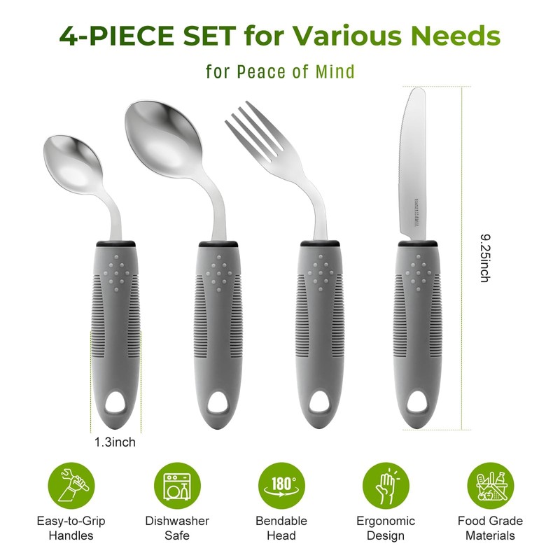 Adaptive Utensils, Adaptive Utensils 4pcs for Hand Tremors,Elderly, Arthritis,Parkinsons-Built Up