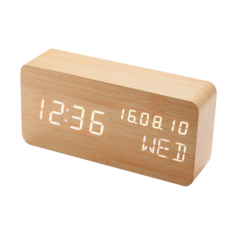Desk Wooden Alarm Clock with Voice Control Date Temperature Adjustable