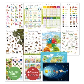 fantassimo® 12 Educational Montessori Learning Posters A3 Alphabet Numbers Posters for Kids Preschool Primary School Pictures Nursery Classroom Decoration Boys Girls