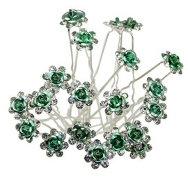 MontCherry Brand Rose Flower Crystal Diamante Wedding Bridal Prom Hair Pins by Trendz (10 Pins, Green)