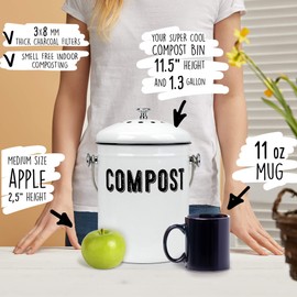 Granrosi Compost Bin Kitchen, Kitchen Compost Bin Countertop, Indoor Compost Bin, Countertop Compost Bin with Lid, 100% Rust Proof Compost Bucket w/ Non-Smell Charcoal Filters, 1.3 Gallon - White