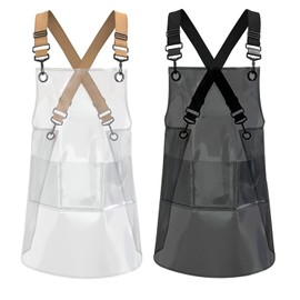 MIKI WELL 2Pcs Waterproof Vinyl Aprons,Hairstylist Transparent Aprons with Wide Shoulder Straps, Salon Chef to Keep Clean, Khaki+black, 22.8” W 25.5” L