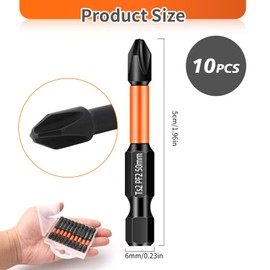 10PCS PZ2 50mm Impact Duty Screwdriver Drill Driver Bits, Professional Anti-Slip Strong Magnetic Phillips Pozidriv Pozi-Drive 2 Screwdriver Bits for Mechanical Repair, Single Ended 1/4" Hex Shank