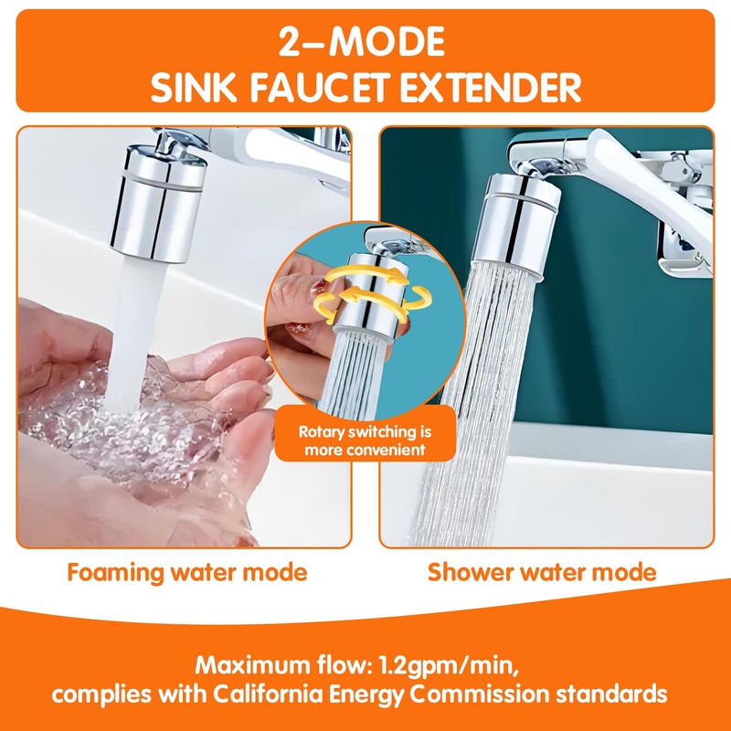 Premium Brass 1440° Swivel Faucet-Extender Sink Aerator,2 Mode Splash Filter