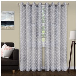 Superior Trellis Sheer Curtains, Window Accents, Perfect For Natural Light, Geometric, Lattice, Modern, Transitional, Traditional with Grommets, Curtain Set of 2 Panels, 52" x 108", Grey