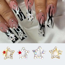 Shiny Alloy Star Nail Charms 3D Star Nail Art Charms for Acrylic Nails, Silve Gold Star Nail Gems Metal Shiny Star Nail Jewelry Nail Designs Rhinestones for Women Girls Manicure Nail Decoration 12Pcs