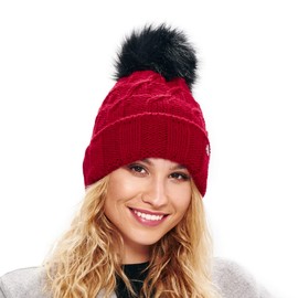 ELIMELI 17528 Women's Winter Hat Warm Knitted Hat with Bobble Slouch Knitted Beanie Women's Bobble Hat for Winter Made in EU Choice of Colours, red
