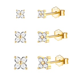 3 Pairs Sterling Silver Stud Earrings for Women Girls, Small Simulated Diamond Earrings Cubic Zirconia Flower Gold Stud Earring Hypoallergenic Sleeper Earrings Set for Multiple Pirercings, 2.5/3.5/4mm