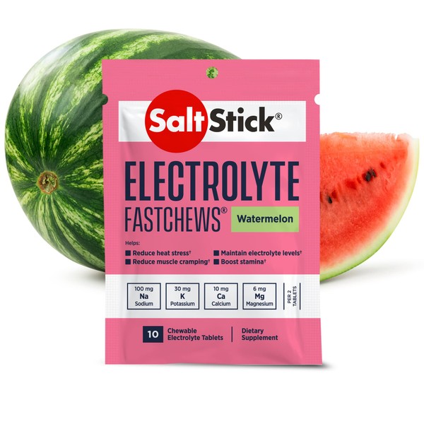 SaltStick FastChews Electrolytes | 120 Chewable Electrolyte Tablets | Salt Tablets for Runners and Endurance Sports Nutrition | Electrolyte Chews | Watermelon | 12 Packets, 10 Tablets Each