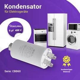 Vioks.pro CBB60 Capacitor 9µF 450 V Motor Start Capacitor Universal LED Suppression Capacitor Starting Capacitor with 6.3 mm AMP Plugs and Mounting Screw M8 for Electric Home Appliances