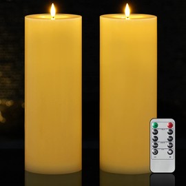 10" x 4" Large Outdoor Candles with Timer Waterproof Flickering Flameless Candles Battery Operated with Remote LED Fake Pillar Candles Realistic for Patio Larterns Porch, Ivory Yellow 2 Pack