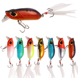 Fishing Lures Crankbaits Kit, 7pcs Minnow Crankbaits Set with Feather Treble Hook Micro Crankbait Small Hard Fishing Lures for Bass Trout Walleye Catfish Freshwater Saltwater