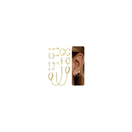 LOLIAS 14K Gold Stud Earrings Hoop Earrings for Women Surgical Hypoallergenic Stud Earrings Chain Earrings Ear Cuff Huggie Hoop Earrings for Women Cartilage Helix Ear Piercing Earrings Sets for