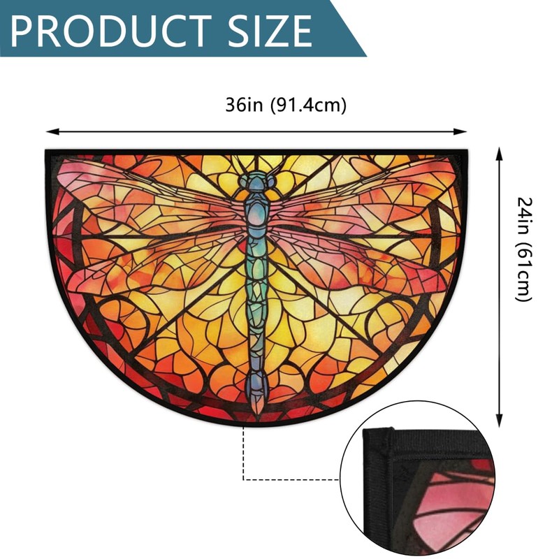 Half Round Door Mat,24" x 36",Stained Glass Dragonfly Welcome Entrance