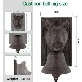 Cast Iron Dinner Bell, Retro Metal Outside Farmhouse Door Bell, Pig Head Shape Decoration Hanging Bell for Yard or Garden, Manually Shaking Doorbell Indoor Outdoor Wall Mounted Ornamental Dinner Bell