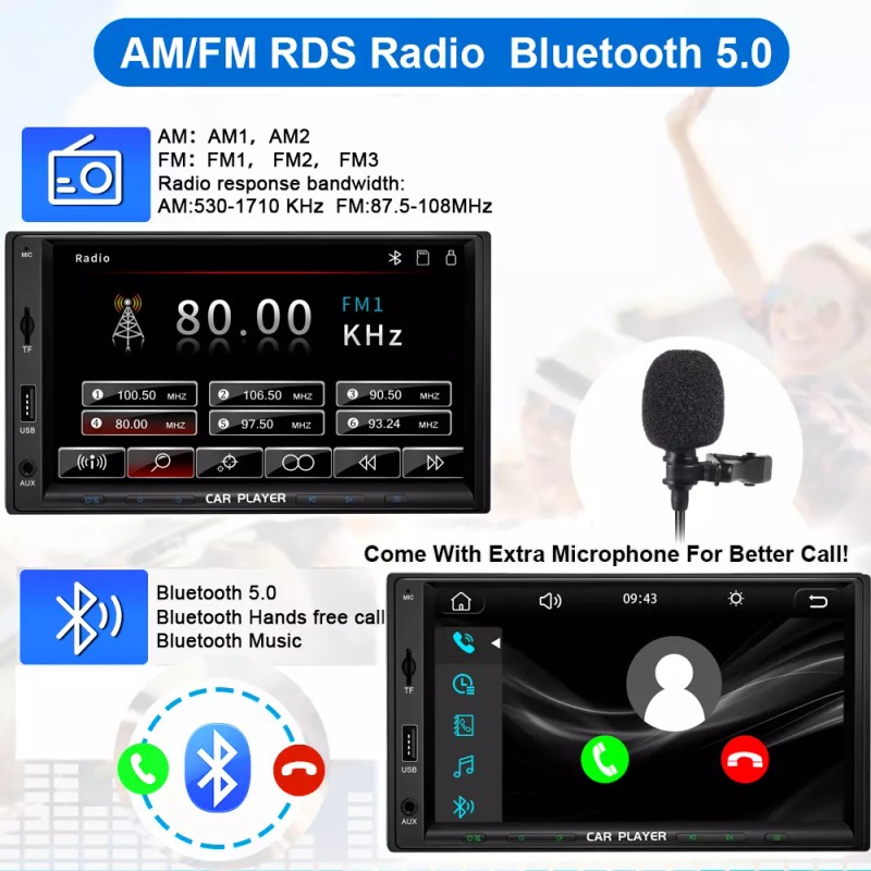 YUANTING 2 Din Car Stereo Radio Player 1080P 7" Screen