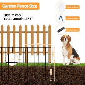 25 Pack Garden Animal Barrier - 1.65inch Spike Spacing, Reusable Rustproof Metal Fence Border for Dogs & Rabbits - Total 27ft(L) x 17inch(H)