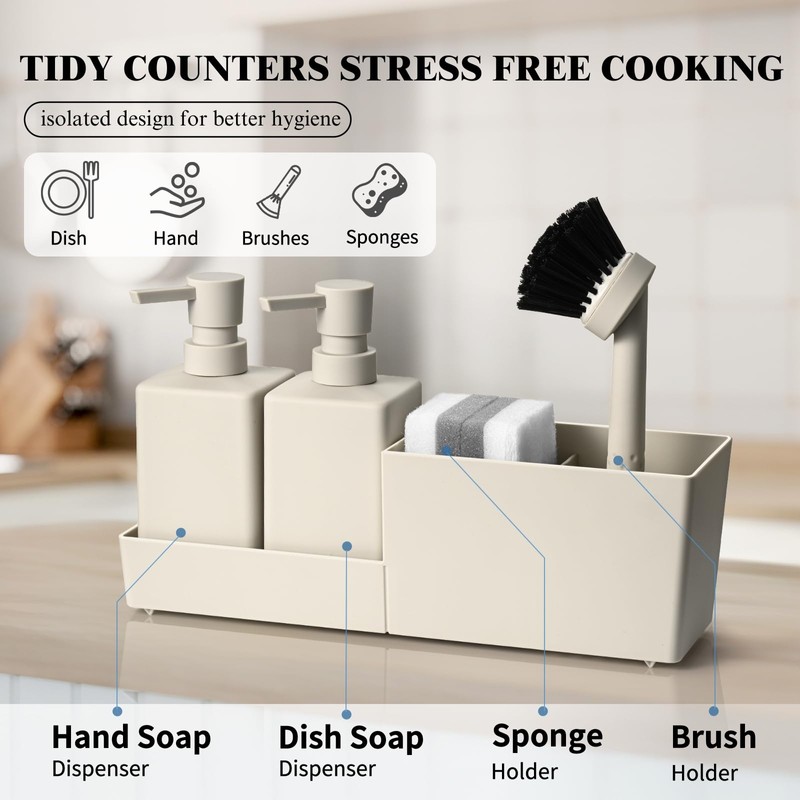 zuxzmj Kitchen Soap Dispenser Set with Sponge Holder and Brush