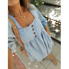 Skirt BL Denim Dress for Women Square Neck Jean Dress 3/4 Sleeve Babydoll Tiered Summer Dresses with Pockets 2025 Sky Blue