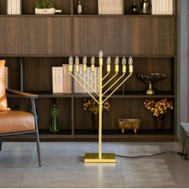 Large Modern Antique Gold Nine Branch Electric Chabad Style Hanukkah Menorah with Flame Shaped LED Bulbs