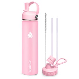 SENDESTAR Stainless Steel Wide Mouth Water Bottle 24oz Double Wall Vacuum Insulated Leak Proof Bottle with New Flex Straw Lid & Spout Lid XIN-PH-0750-1