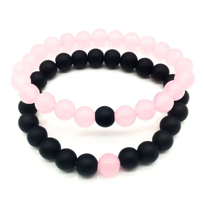 Jenbert 2Pcs Distance Bracelets Black Matte Stone & Rosa Quartz