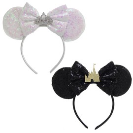 ECOSCO 2 Pcs Mouse Ears Headbands Glitter Sparkly Princess Ears Headband Costume Birthday for Adult (Black+White)