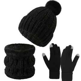 Winter Hat Scarf Gloves Set Knit Beanie Pompom Hat Warm Touch Screen Gloves Earmuff Warmer Stocking for Women (negro, Talla única para todos)