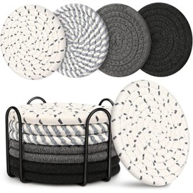 pijiuoi Drink Coaster, 8 Pack, Multi-Color 3, Round, Cotton and Linen, Boho Style, Absorbent, Dishwasher Safe, Living Room Decor